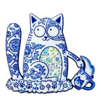 Whimsical Folk Art Cat Brooch — Blue & White