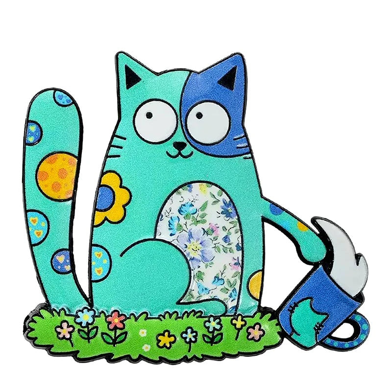 Whimsical Folk Art Cat Brooch — Green