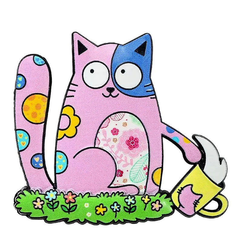 Whimsical Folk Art Cat Brooch — Pink