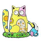 Whimsical Folk Art Cat Brooch — Yellow