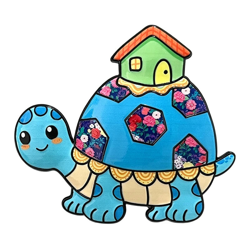 Whimsical House-Carrying Turtle Brooch — Blue