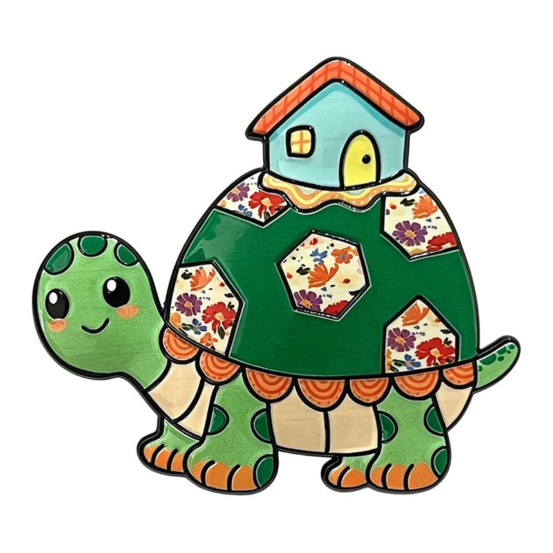 Whimsical House-Carrying Turtle Brooch — Green