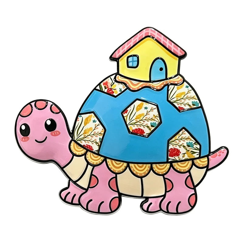 Whimsical House-Carrying Turtle Brooch — Pink