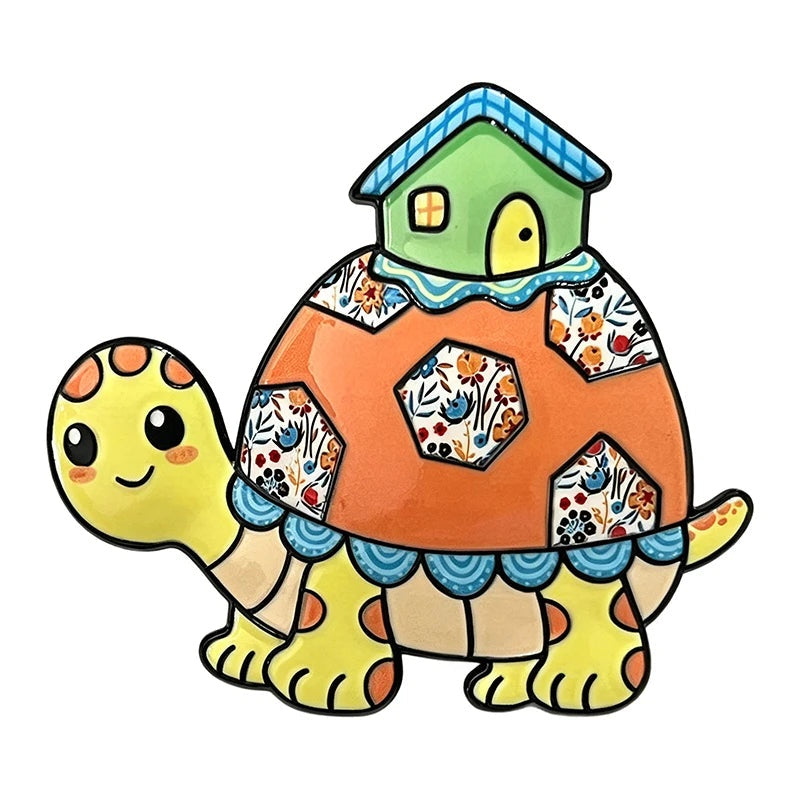 Whimsical House-Carrying Turtle Brooch — Yellow