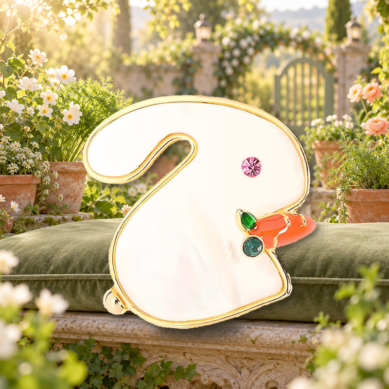 White Rabbit Holding a Carrot Brooch in a themed styled scene