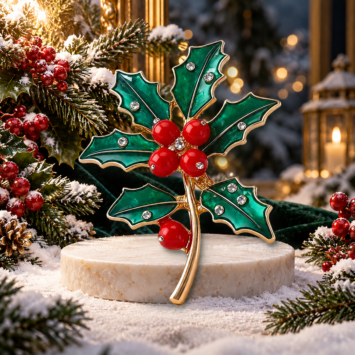 Winter Holly Sprig with Red Berries Brooch