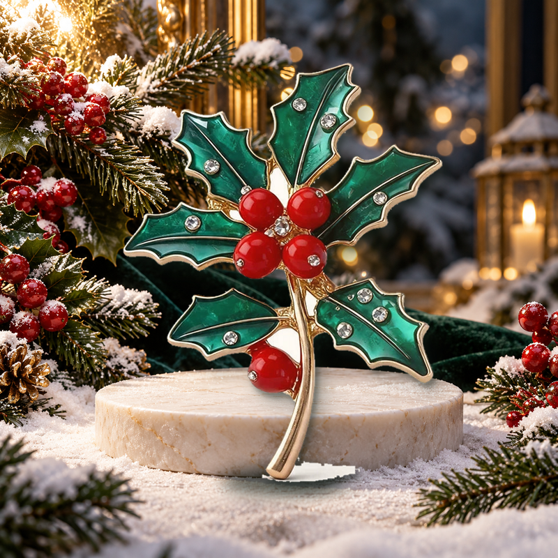 Winter Holly Sprig with Red Berries Brooch styled in a thematic scene