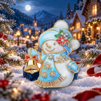 Winter Snowman Holding a Bell Brooch styled in a thematic scene