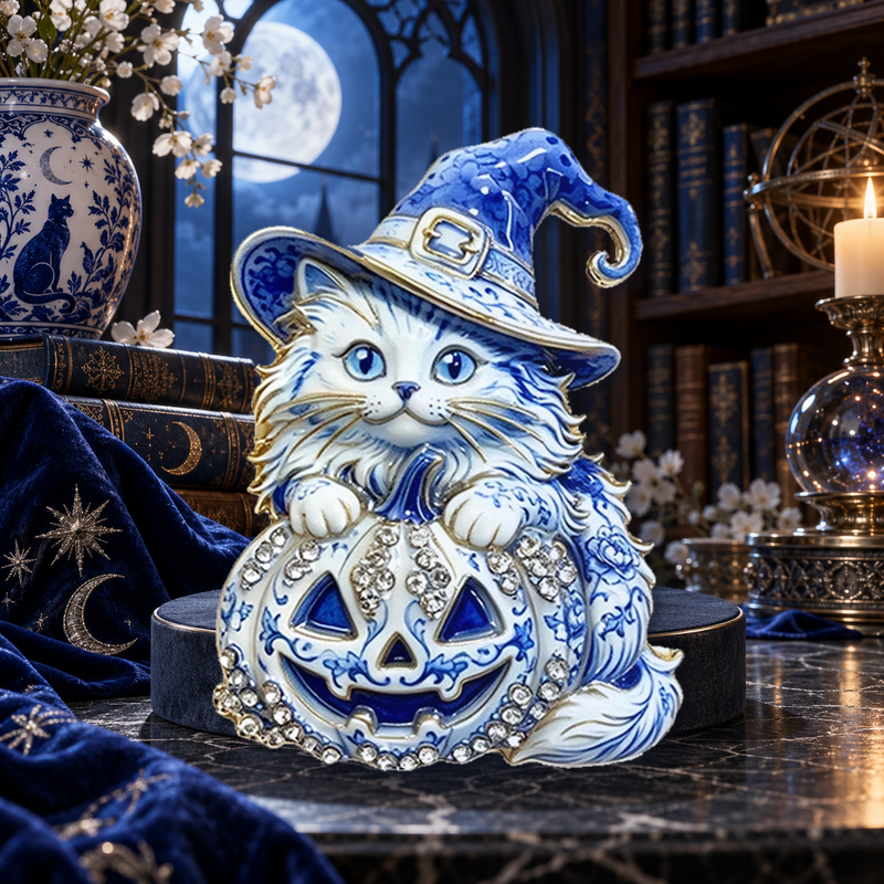 Witch Hat Kitten on Pumpkin Brooch styled in a thematic scene